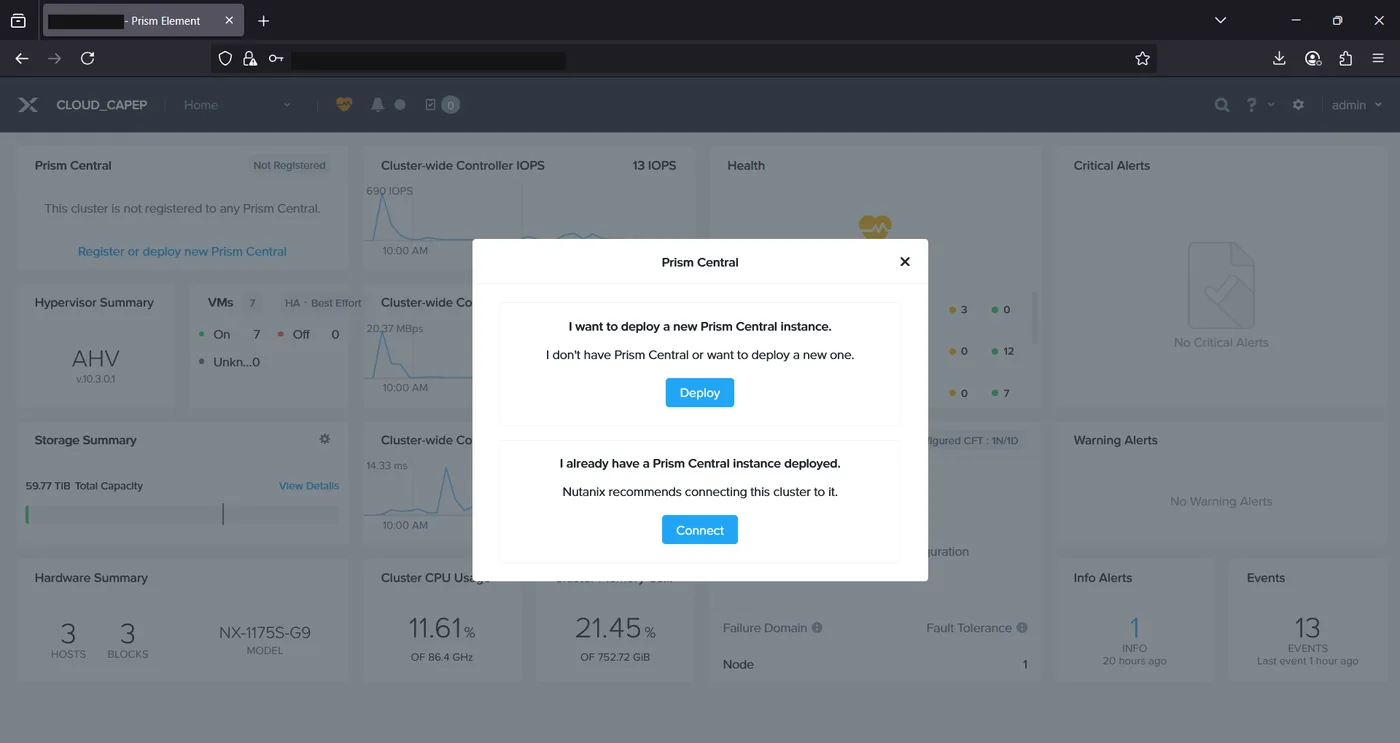 Prism Element dashboard showing the Prism Central panel with a dialog offering to deploy a new instance or connect to an existing one