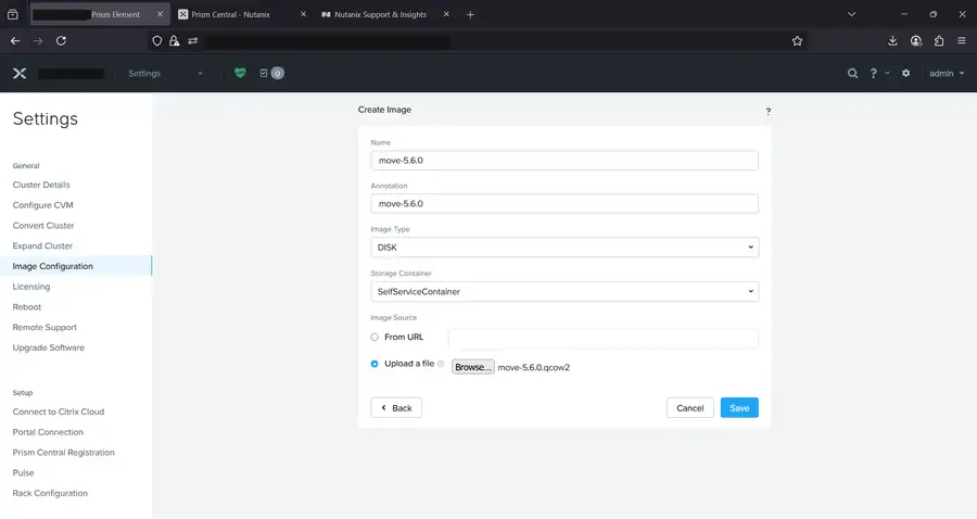 Creating a Move disk image in Prism Element from a qcow2 file
