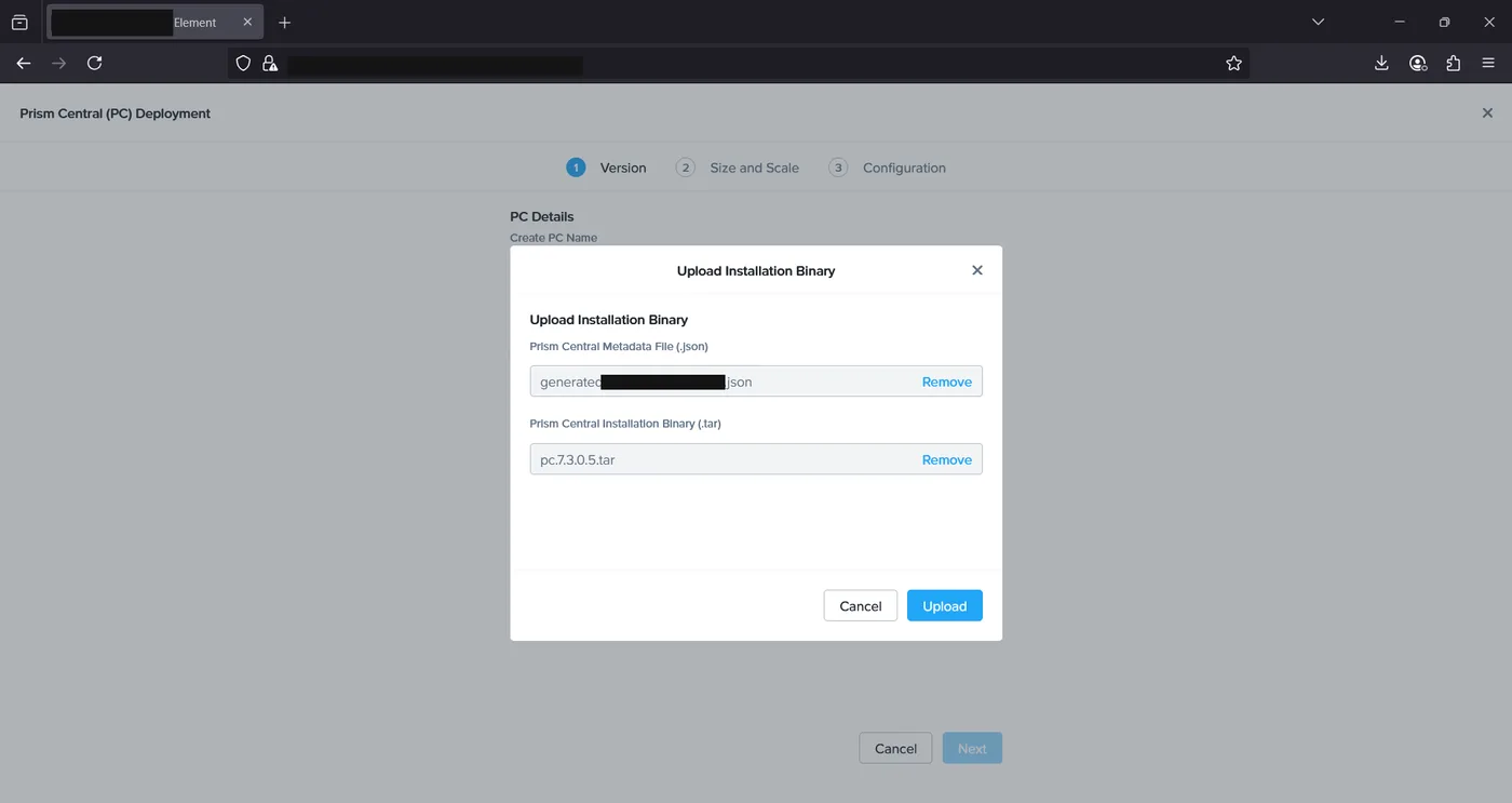 Uploading the Prism Central installation binary from a local machine