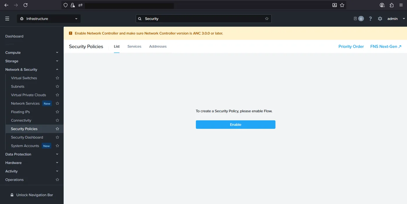 Prism Central Security Policies page showing a message to enable Flow before creating a security policy, with a banner about enabling Network Controller