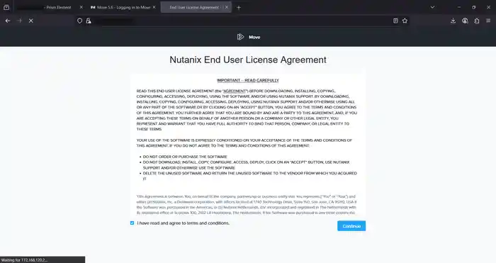 Nutanix Move End User License Agreement screen
