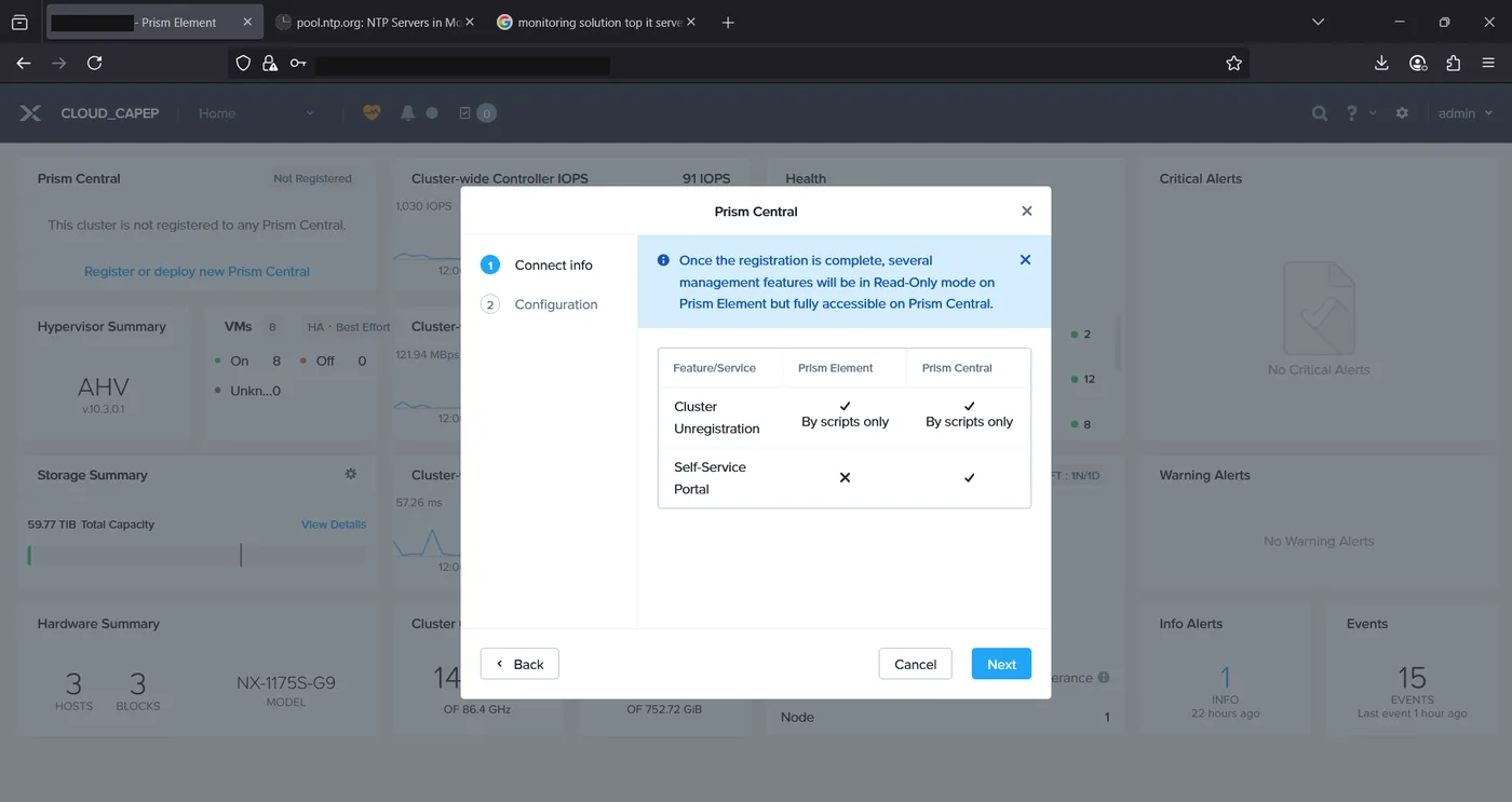 Prism Central connect dialog comparing feature availability between Prism Element and Prism Central after registration