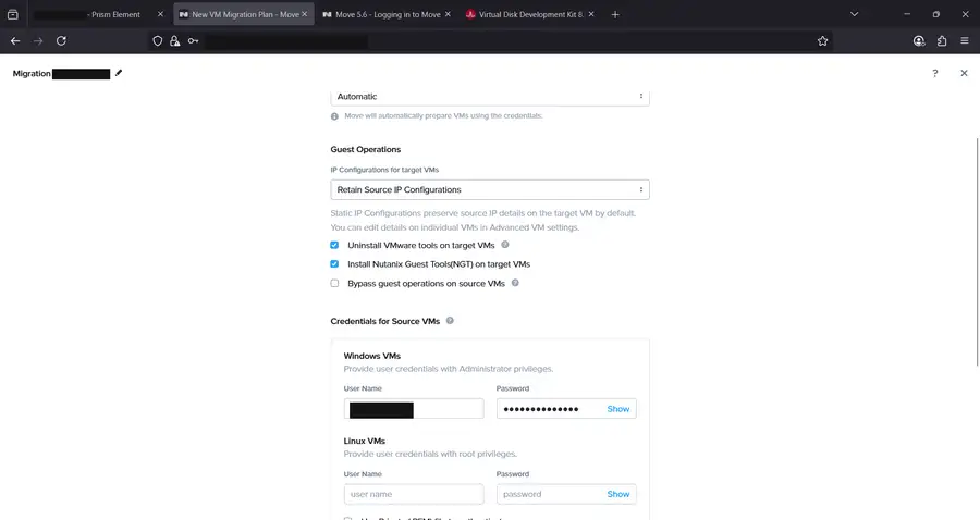 VM Preparation step with guest operation settings and credential fields