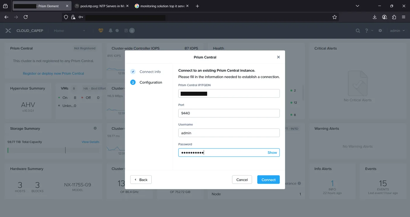 Connect to an existing Prism Central instance dialog with IP, port, username and password fields