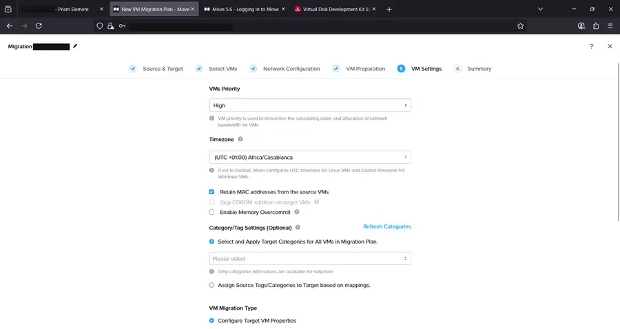 VM Settings step with priority, timezone and MAC address options