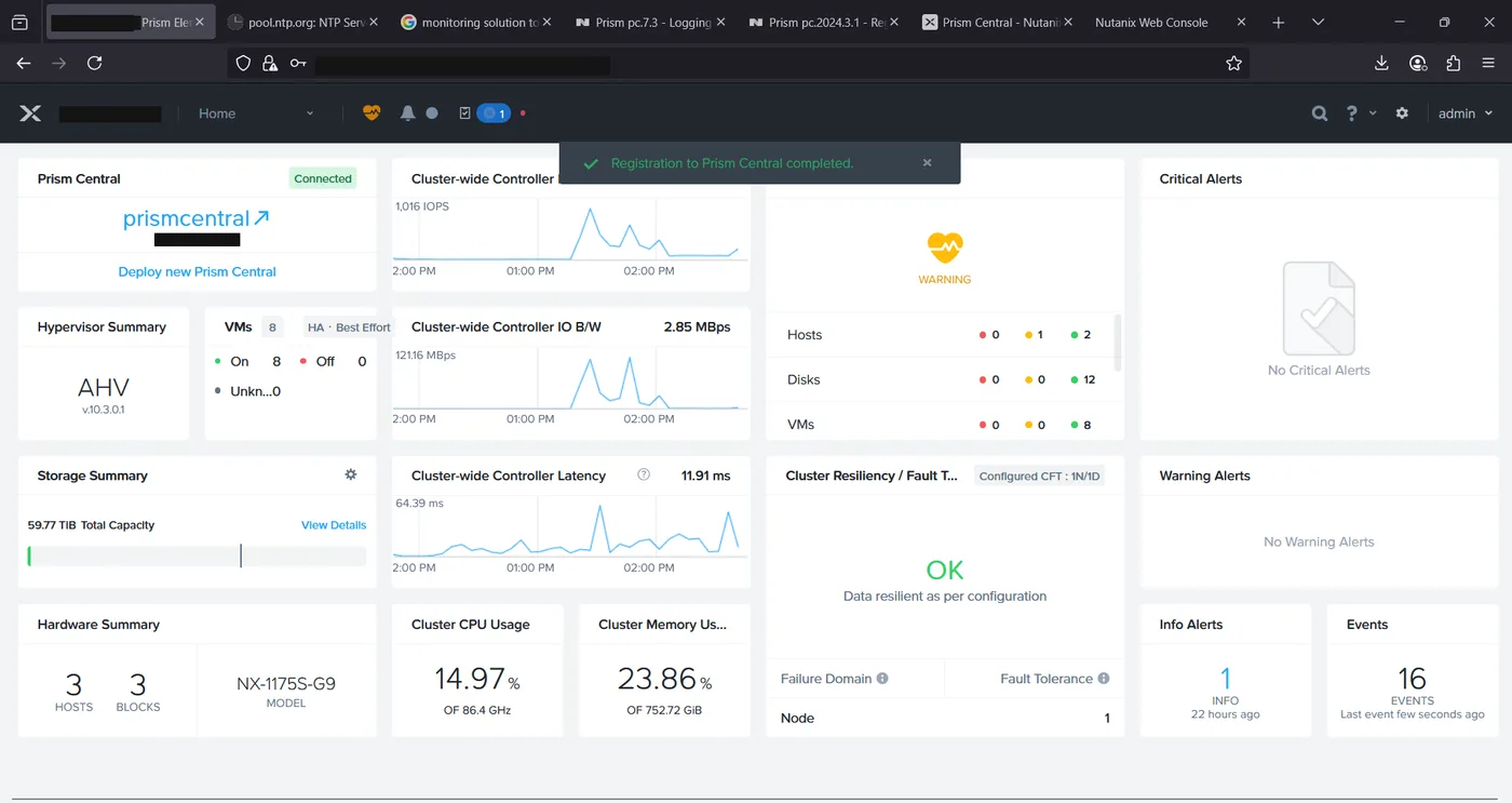 Prism Central panel on Prism Element now showing Connected status after successful registration
