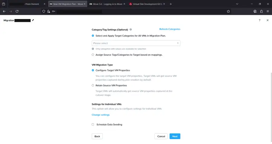 VM Migration Type options and individual VM settings