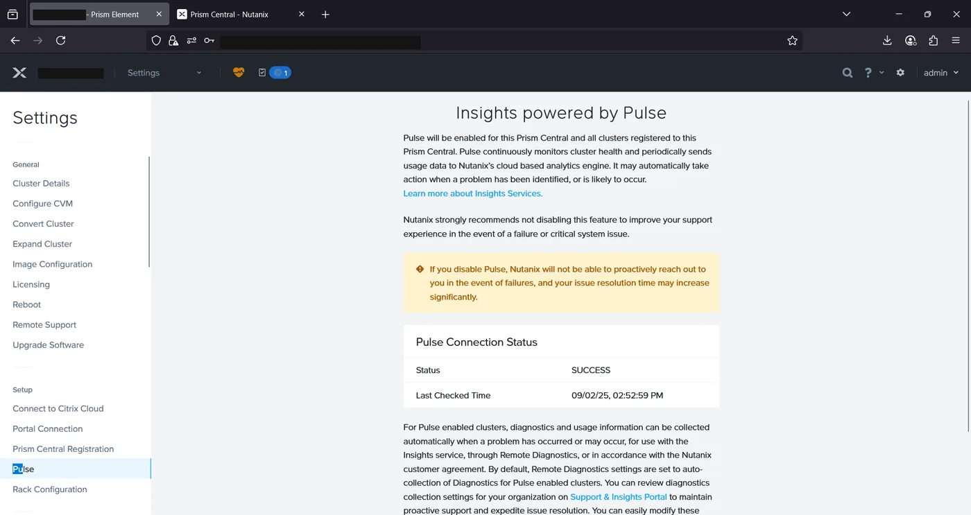 Prism Element Pulse settings page showing Pulse Connection Status: SUCCESS