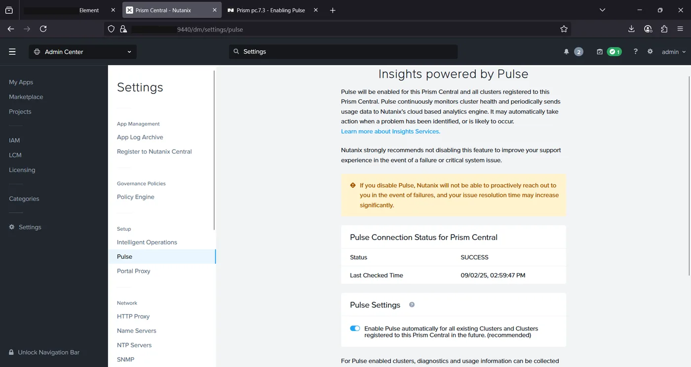 Prism Central Admin Center Pulse settings page also showing a SUCCESS connection status