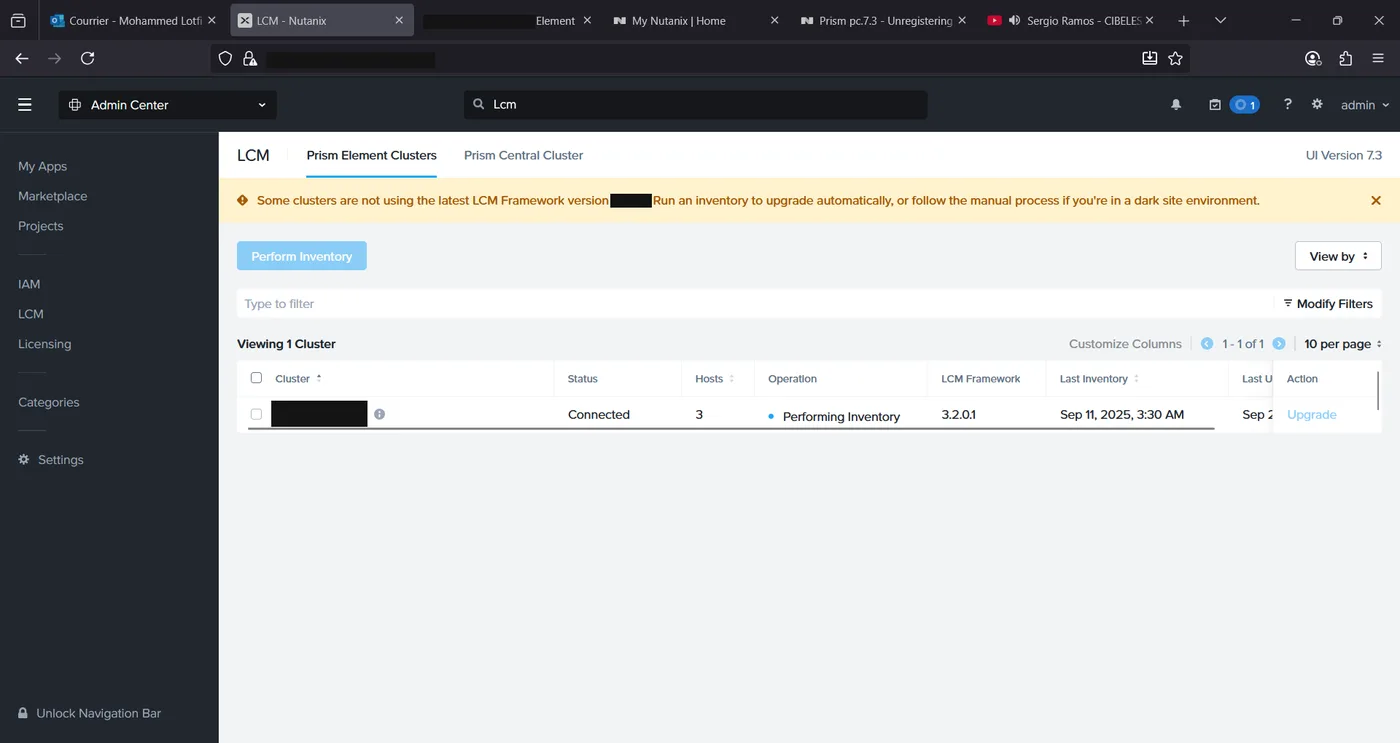Prism Central LCM page performing an inventory run against the newly registered Prism Element cluster