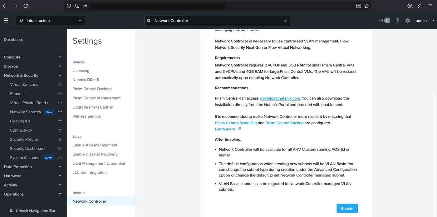 Prism Central Settings page for Network Controller showing requirements, recommendations, and an Enable button