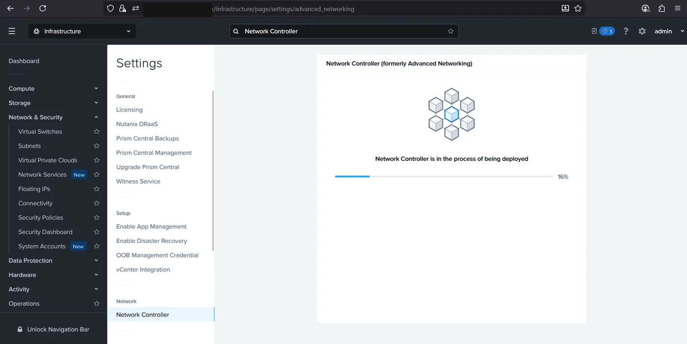Network Controller enablement in progress, showing 16 percent completion