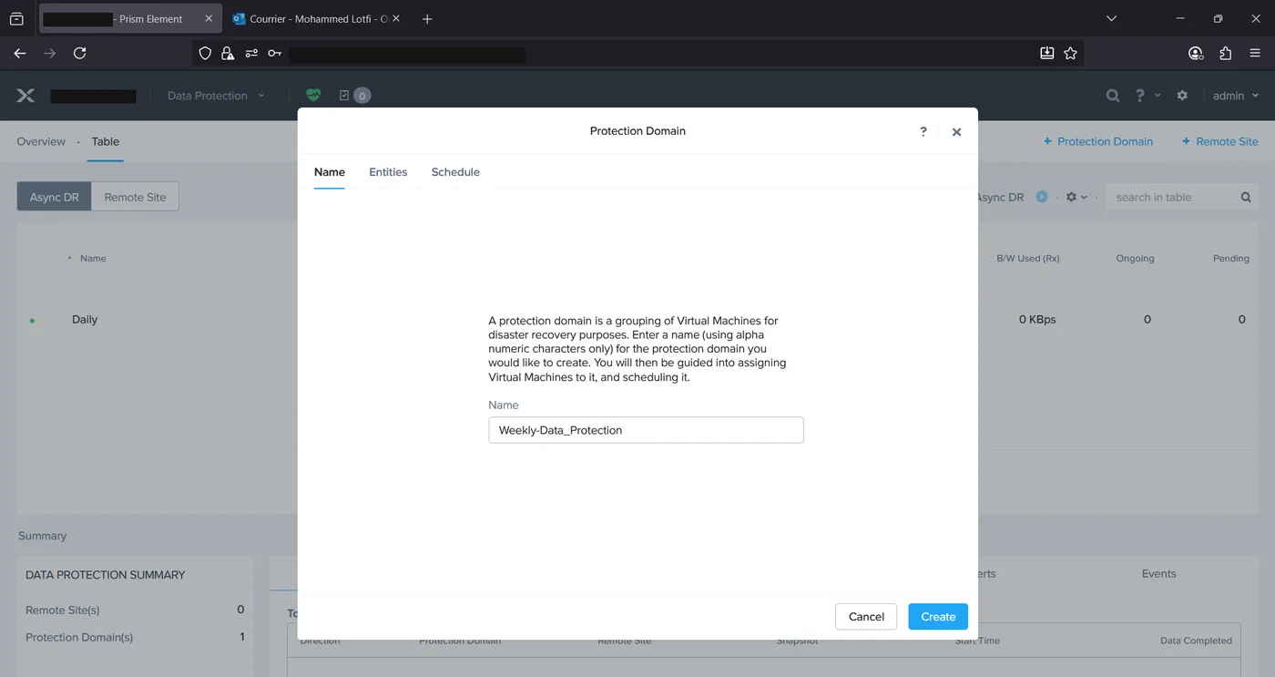 Protection Domain wizard Name tab with the name Weekly-Data_Protection entered