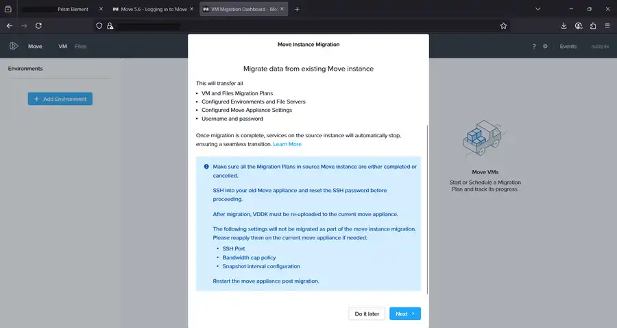 Move Instance Migration dialog for transferring settings from an older appliance