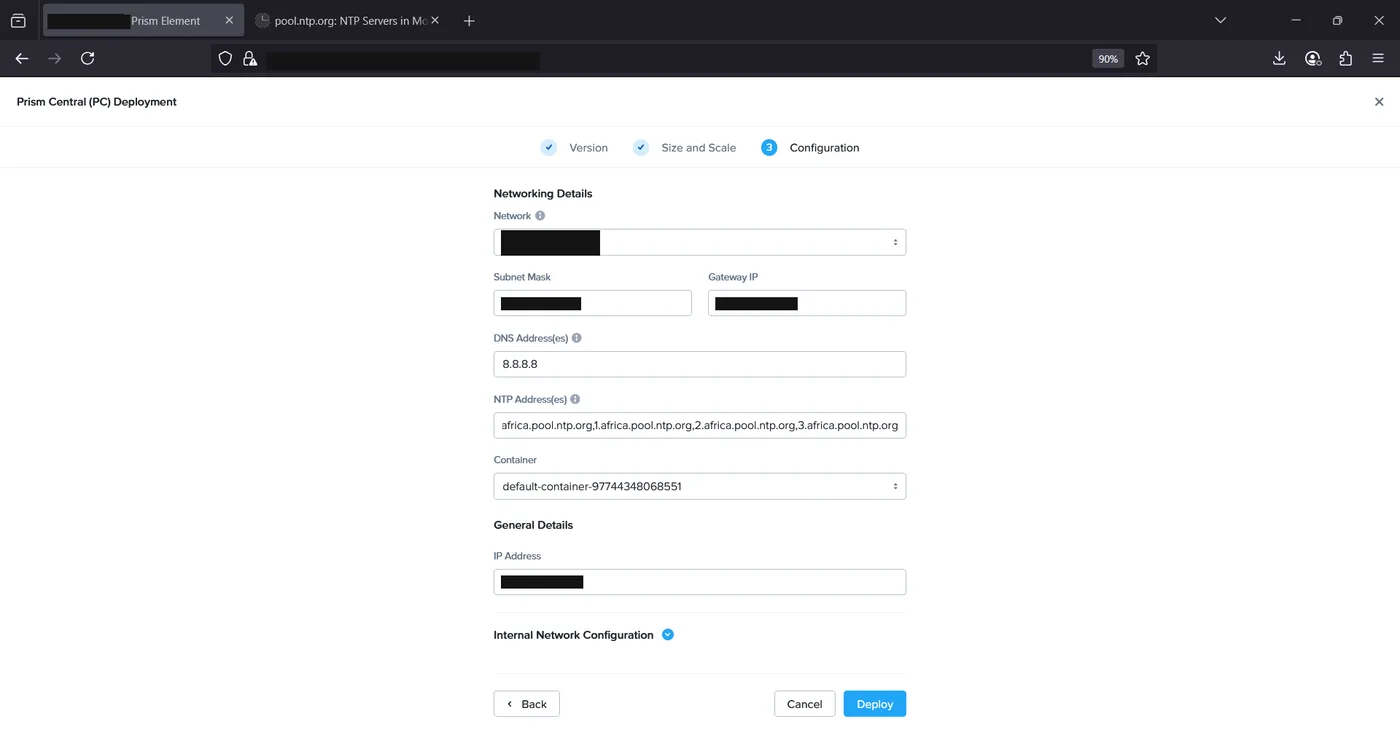 Prism Central Configuration step with networking details: network, subnet mask, gateway IP, DNS, NTP, container and IP address fields
