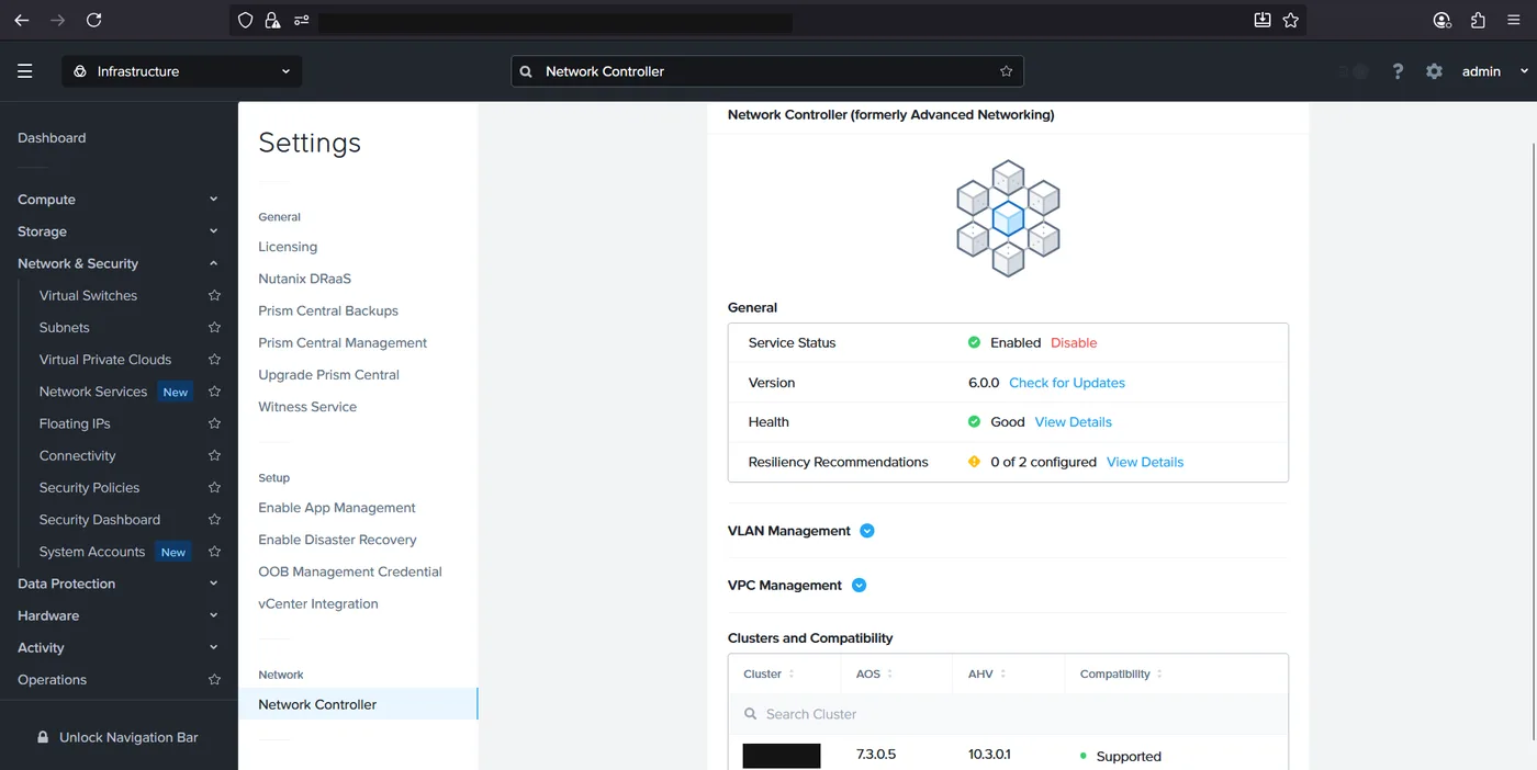 Network Controller enabled, showing Service Status Enabled, version 6.0.0, Health Good, and a Clusters and Compatibility table