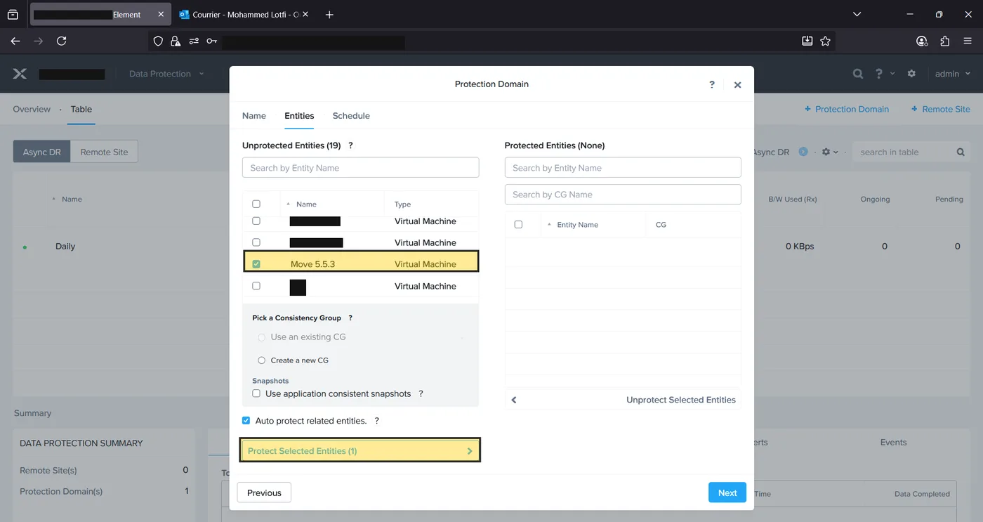 Protection Domain Entities tab with one virtual machine selected from the unprotected list