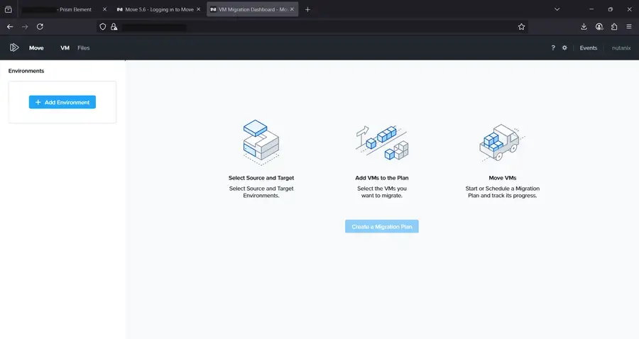 Move VM Migration Dashboard empty state showing the three migration steps