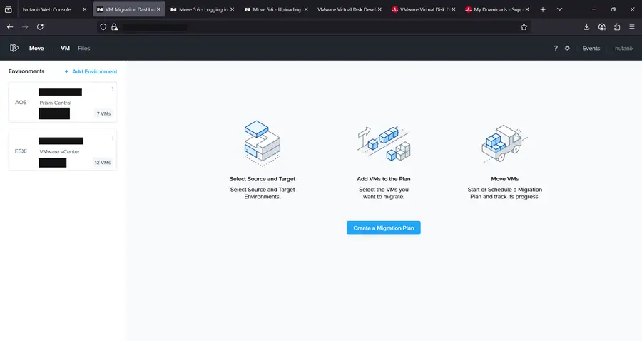 Environments panel listing the AOS target and ESXi vCenter source