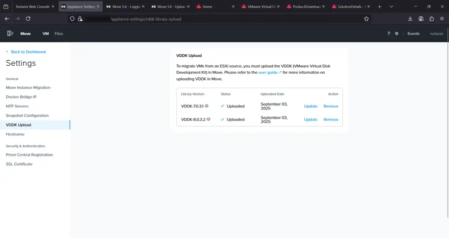 VDDK Upload settings page showing two uploaded VDDK library versions