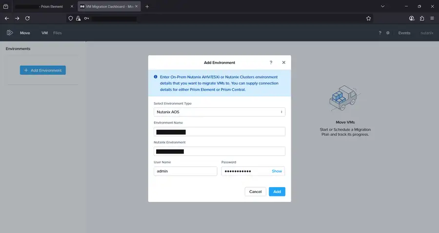 Add Environment dialog configuring a Nutanix AOS target