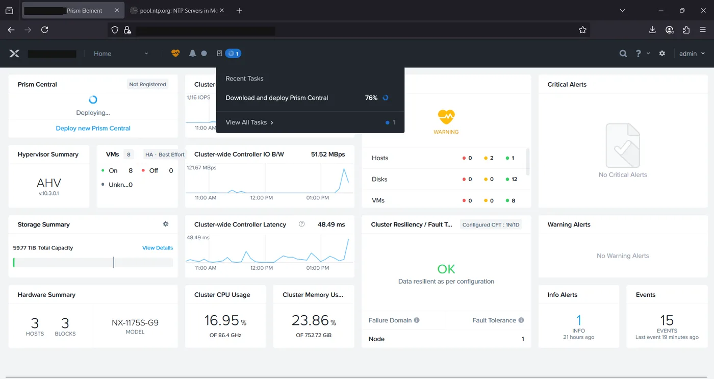 Prism Central deployment task at 76 percent progress