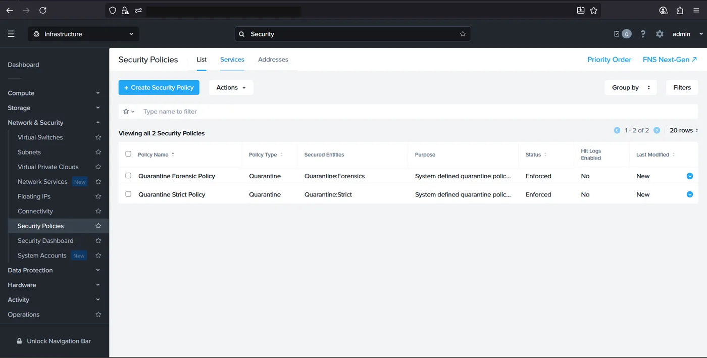 Security Policies list now showing two system-defined quarantine policies and a Create Security Policy button