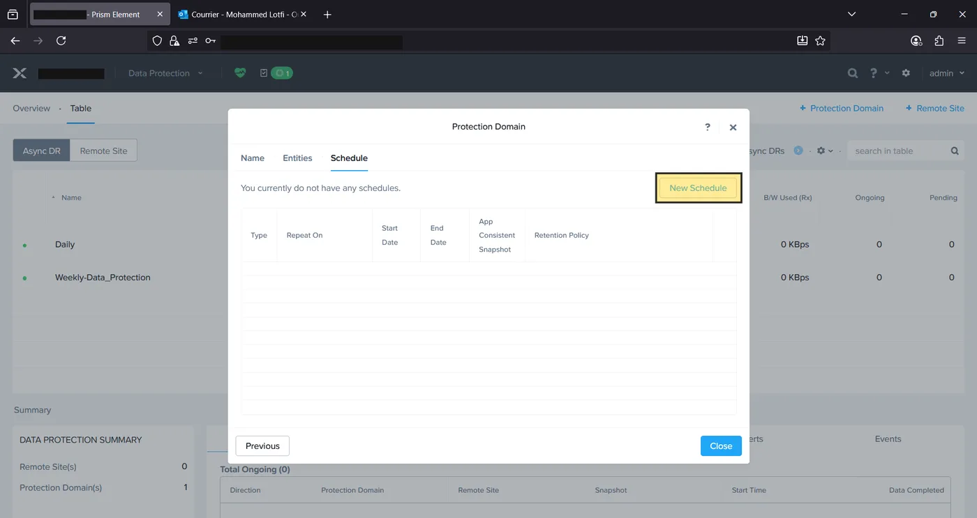 Protection Domain Schedule tab with no schedules configured yet