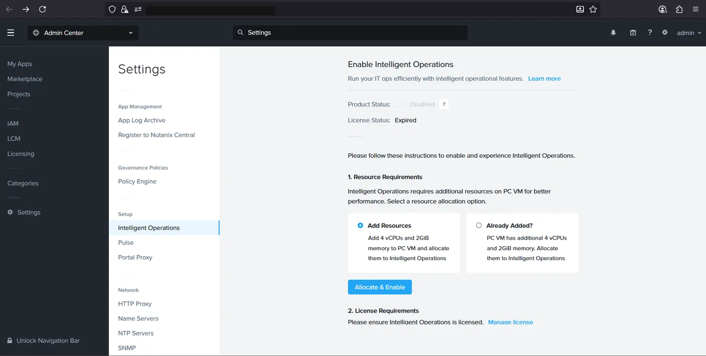 Intelligent Operations settings page showing Product Status Disabled and License Status Expired