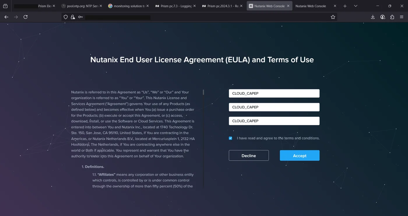 Nutanix End User License Agreement screen on Prism Central with an Accept button