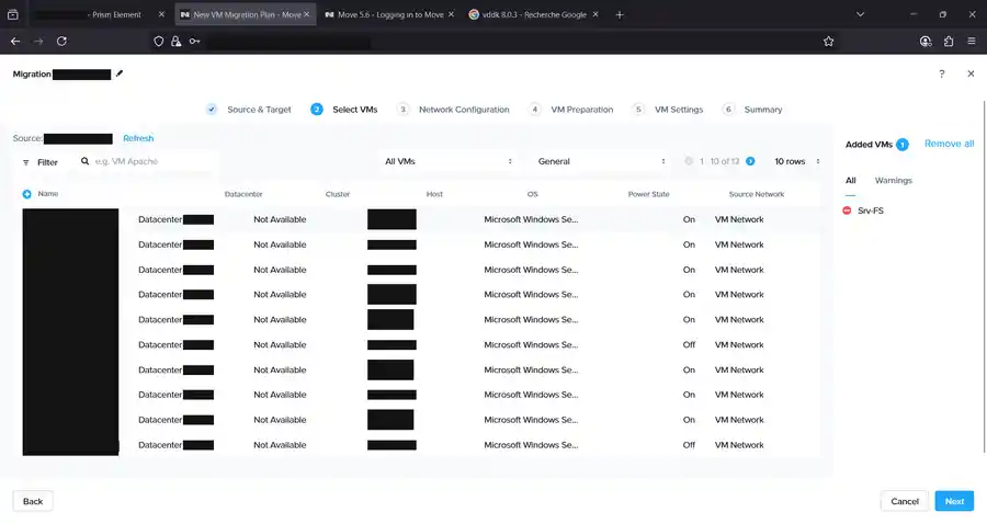 Select VMs step showing a table of source VMs available for migration