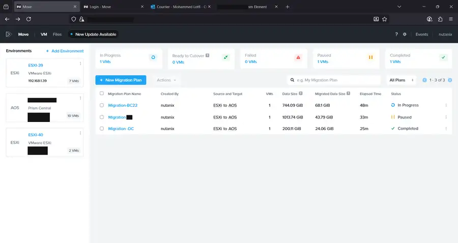 Move dashboard summarising in-progress, paused and completed migration plans