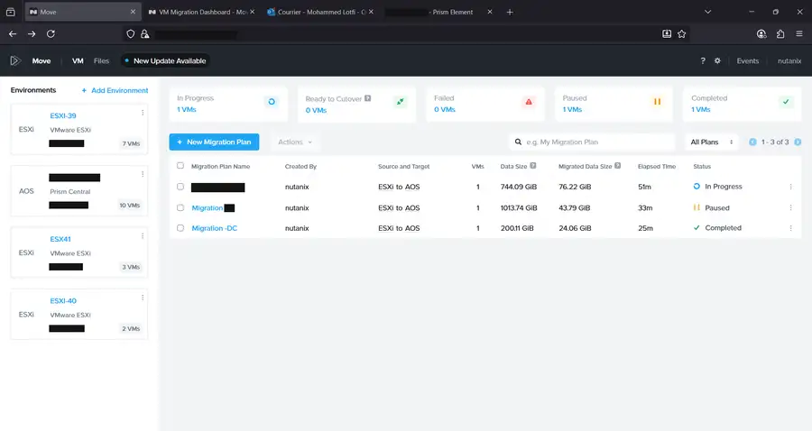 Move dashboard showing an update notification and further migration plans