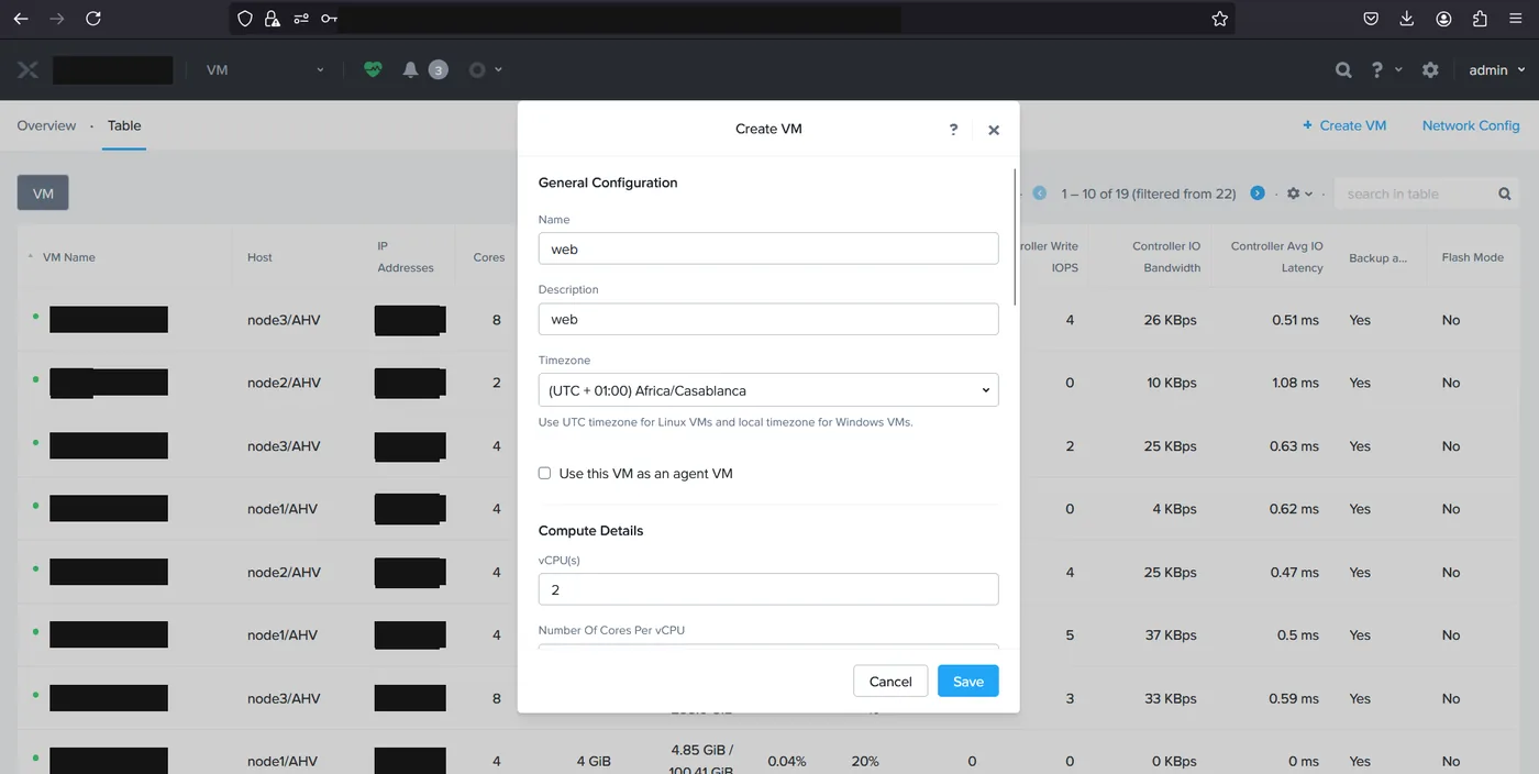 Prism Element Create VM dialog showing the General Configuration section with name, description, timezone and vCPU fields