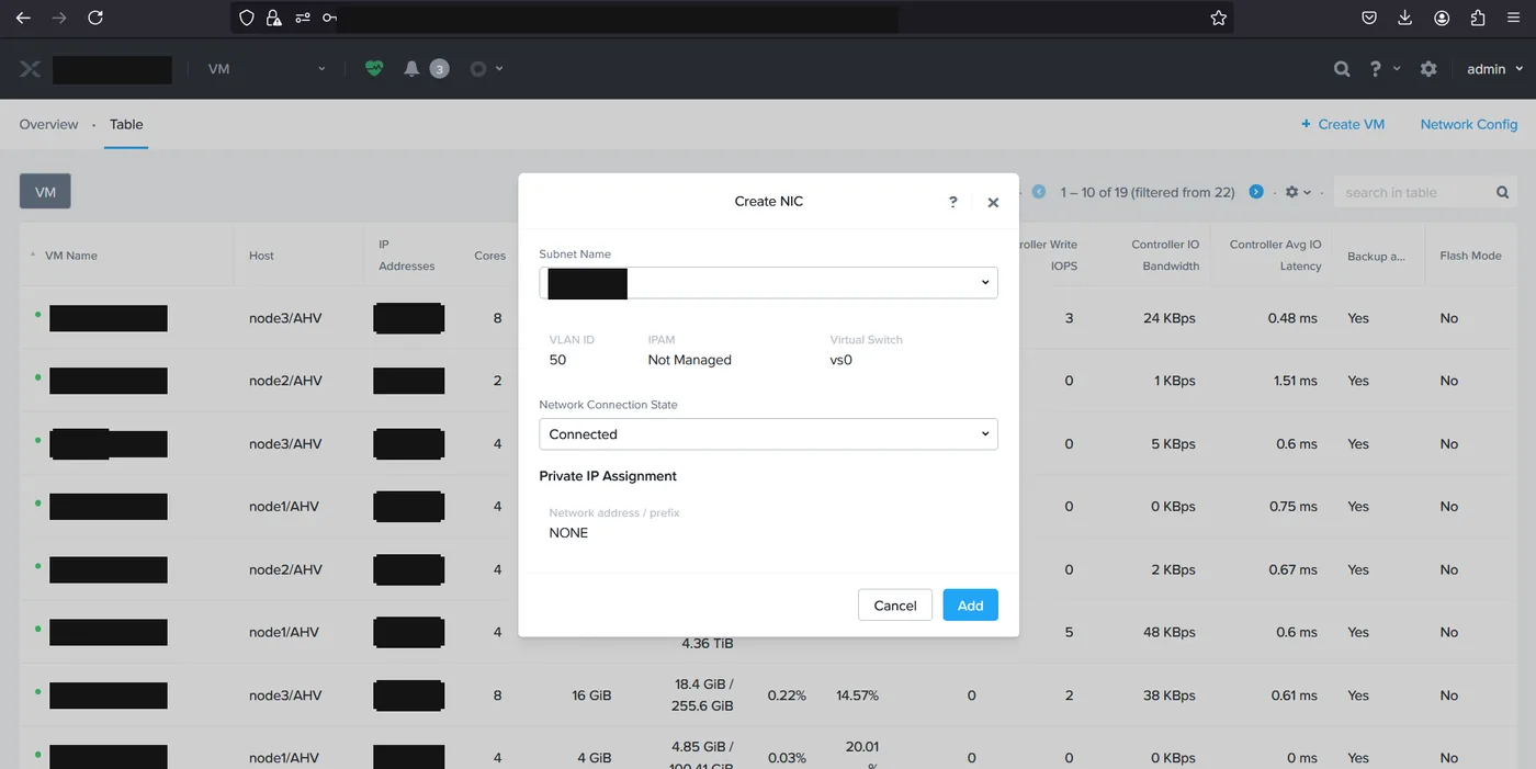 Create NIC dialog showing subnet selection with VLAN ID, IPAM mode, virtual switch and connection state