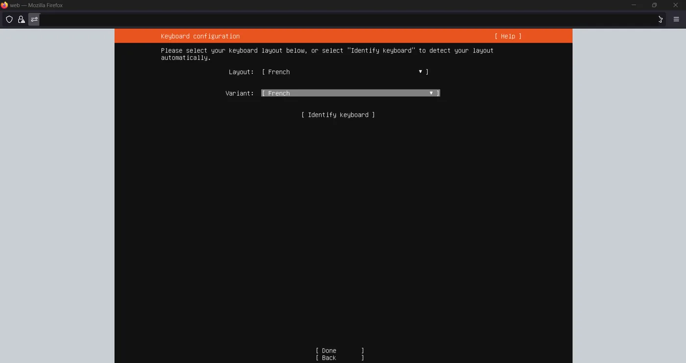 Ubuntu installer keyboard configuration screen with a layout selected