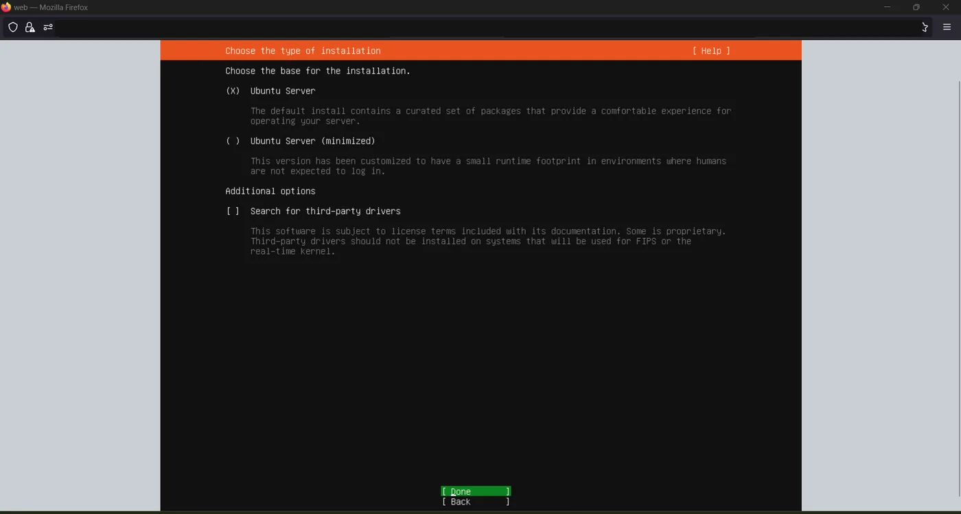 Ubuntu installer screen choosing between Ubuntu Server and Ubuntu Server minimized