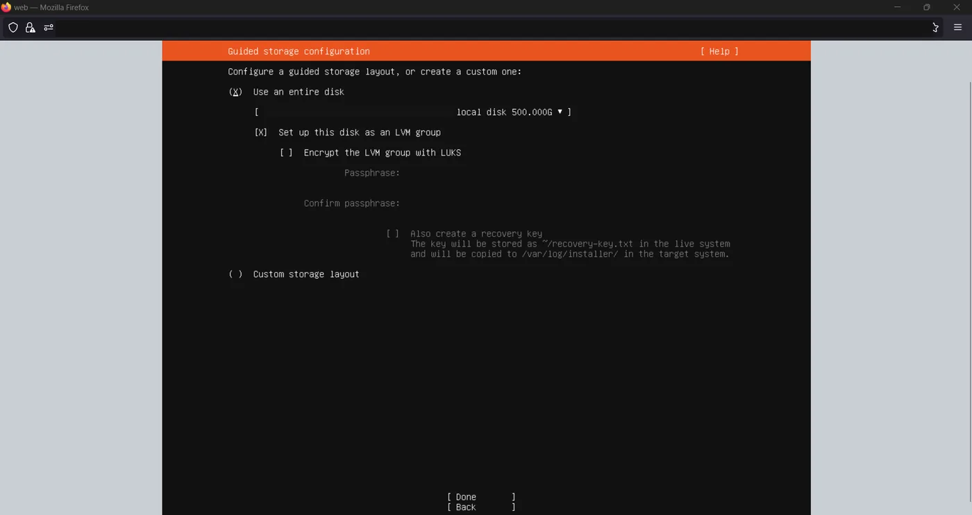 Ubuntu guided storage configuration using an entire 500 GB disk set up as an LVM group