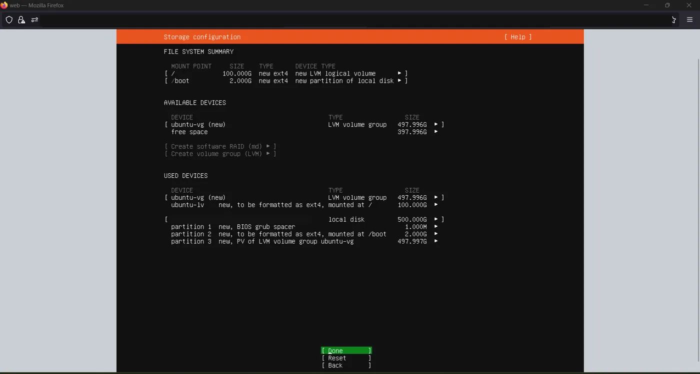 Ubuntu storage configuration summary showing a 100 GiB root logical volume, a 2 GiB boot partition and free space remaining in the volume group