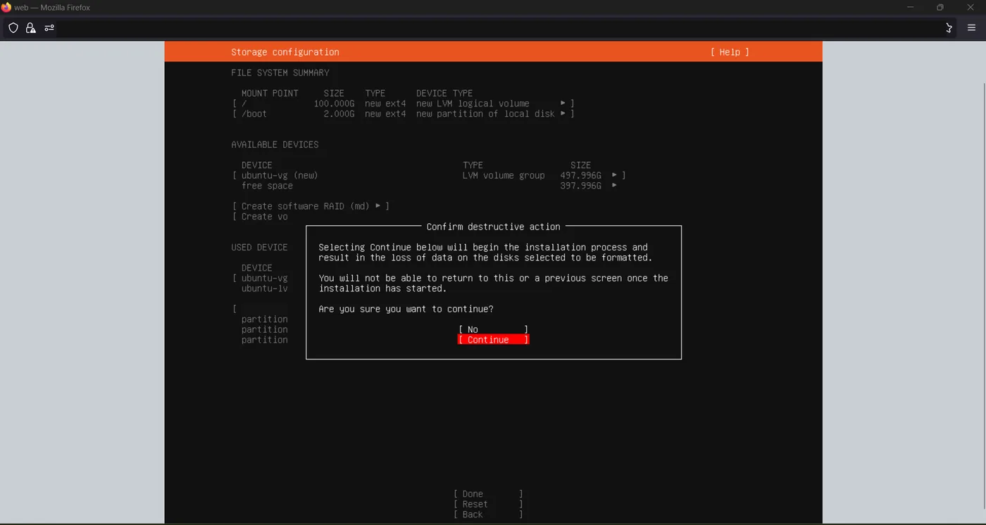 Ubuntu installer confirm destructive action dialog warning that continuing will format the selected disks