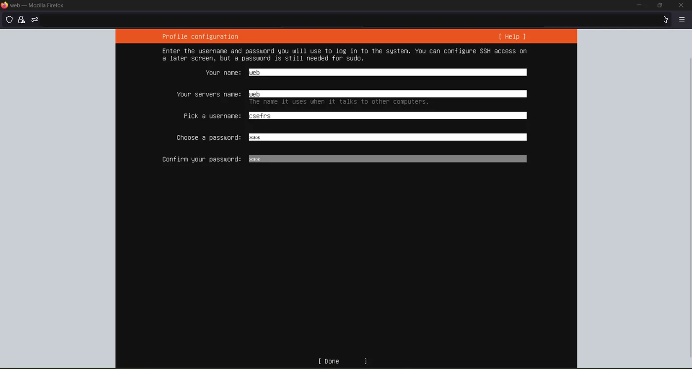 Ubuntu installer profile configuration screen with fields for name, server name, username and password