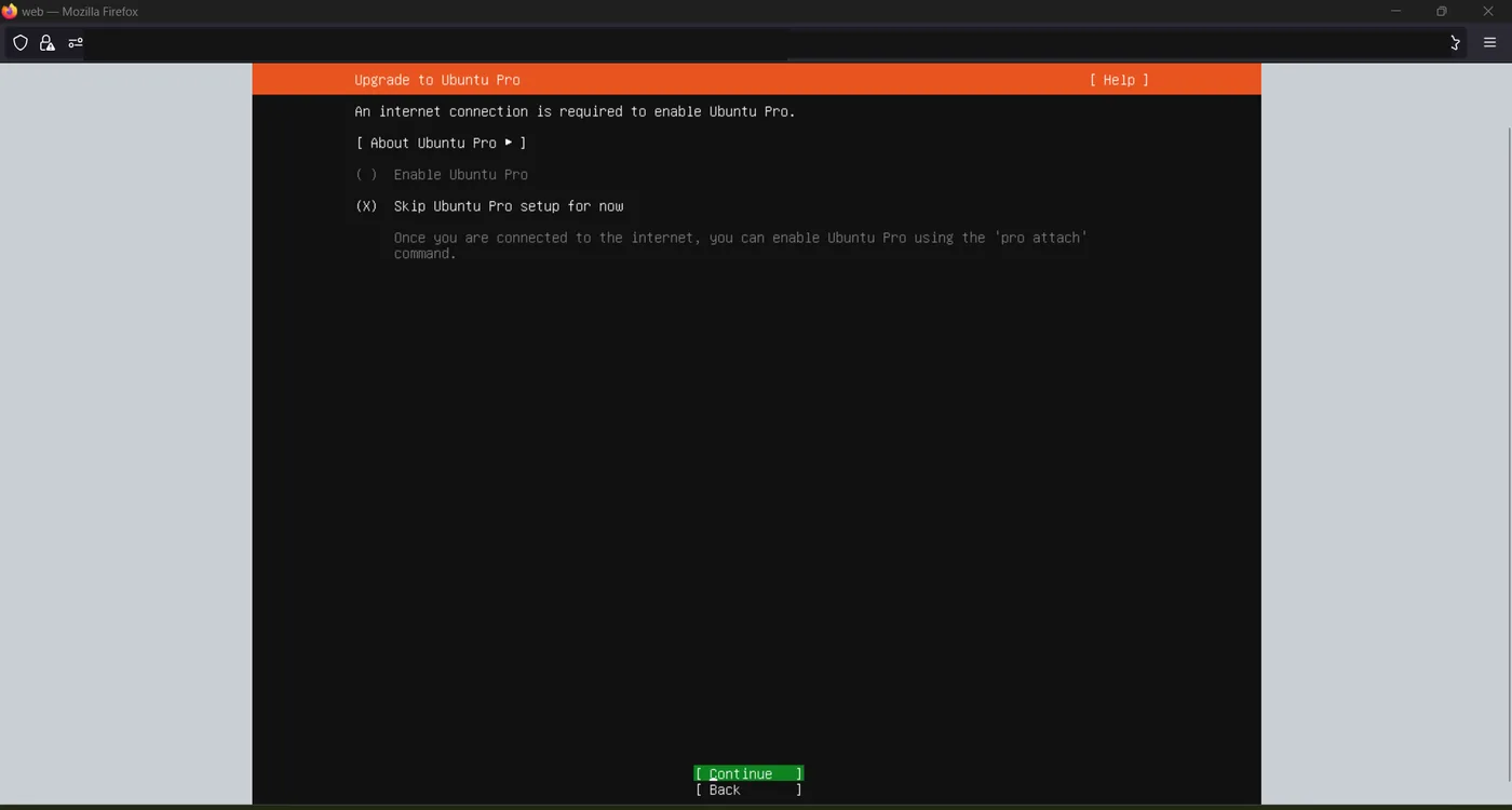 Ubuntu Pro upgrade screen with the skip option selected