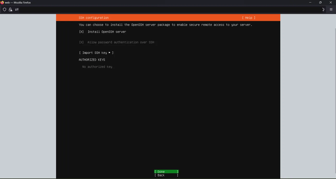Ubuntu installer SSH configuration screen with Install OpenSSH server selected