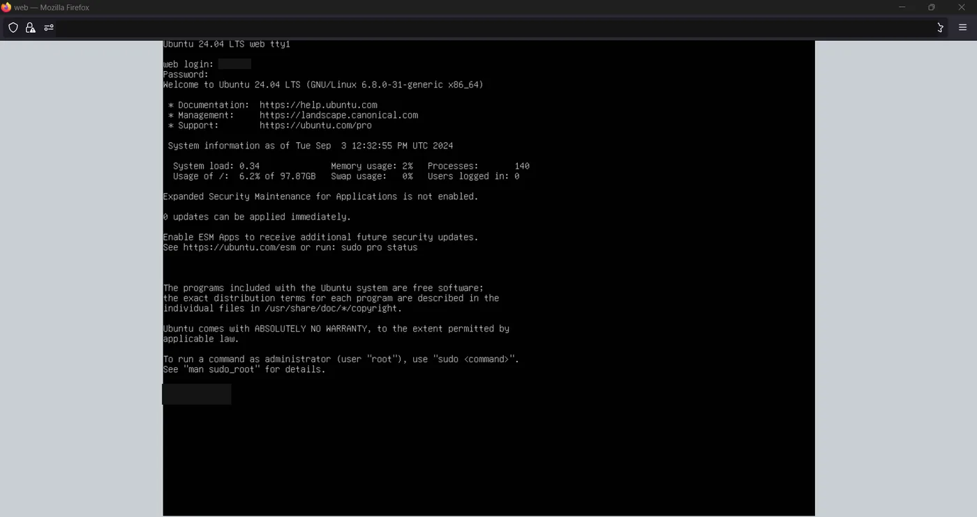 First boot of the installed Ubuntu 24.04 LTS server showing the login prompt and system information summary