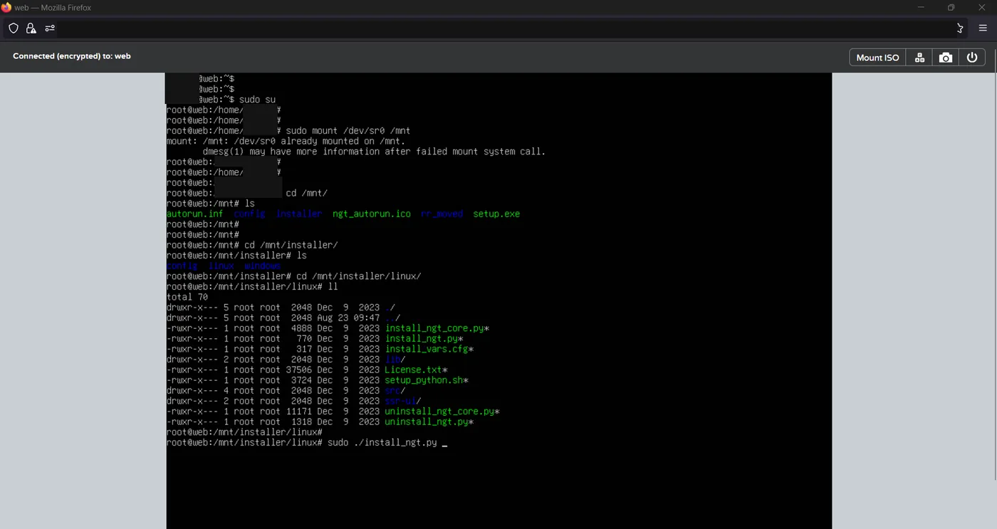 Guest console showing the NGT ISO mounted and the install_ngt.py script being run from the installer linux directory