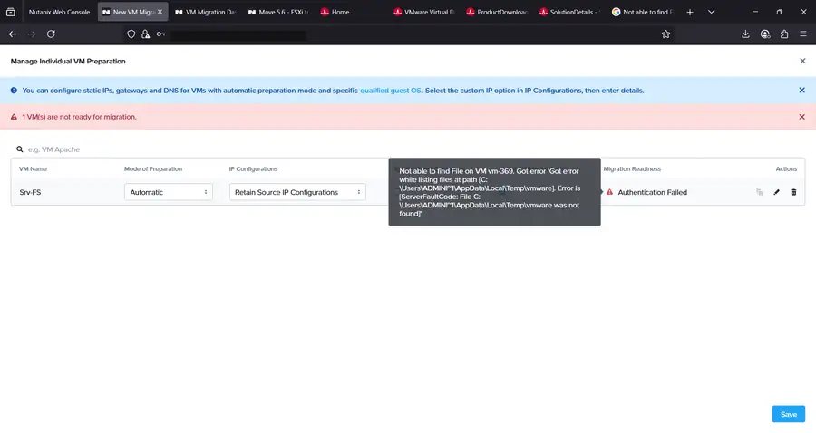 Move VM preparation error: not able to find file on VM, authentication failed