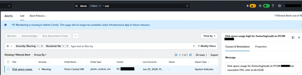 Prism Central alert: Disk space usage high for /home/log/audit on PCVM, severity Warning