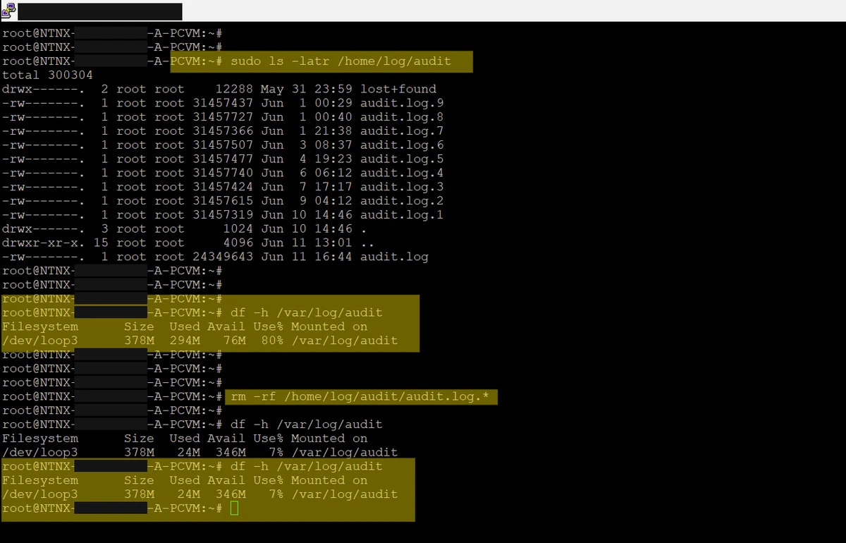 Terminal output showing the audit log directory listing, df before cleanup at 80 percent, the removal command, and df after cleanup at 7 percent