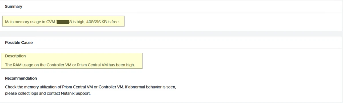 Nutanix alert detail: main memory usage in CVM is high, with possible cause and recommendation