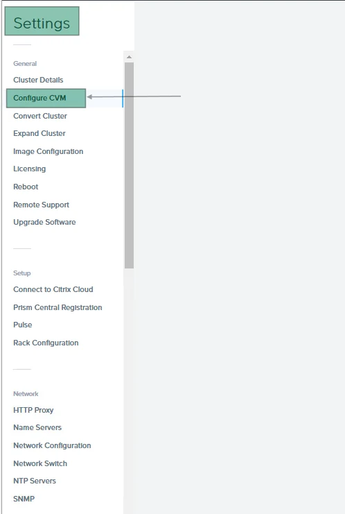 Prism Element Settings page with Configure CVM highlighted in the General section of the left navigation